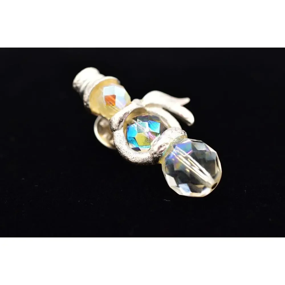 Olit Vintage Crystal Snowman Pin Brooch Tie Tac Aurora Borealis Signed BinAL